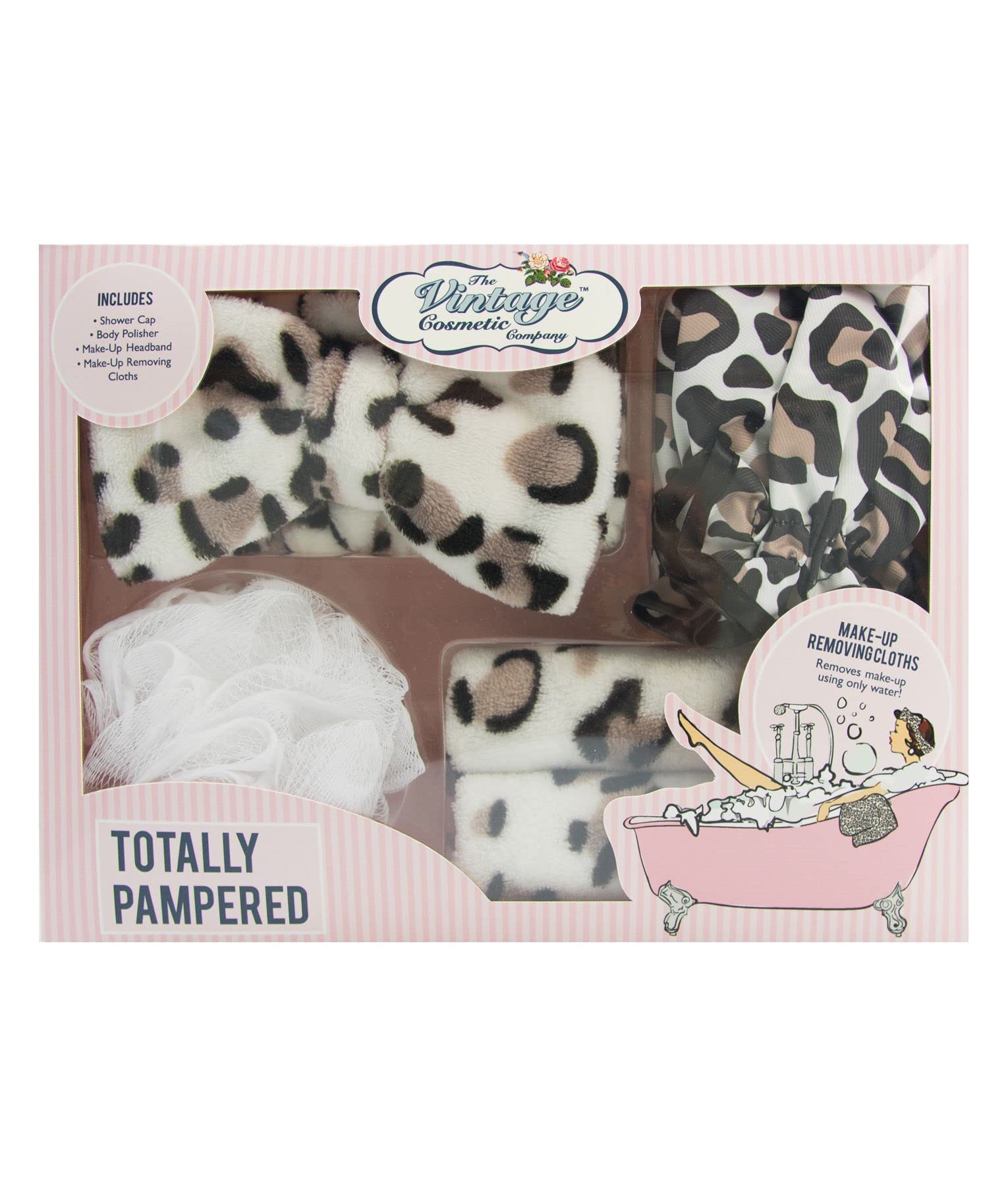 The Vintage Cosmetic CompanyTotally Pampered Set, Includes Make-up Remover Cloths Shower Cap Make Up Headband Body Polisher, Relax and Pamper Gift Set, Leopard Print Design
