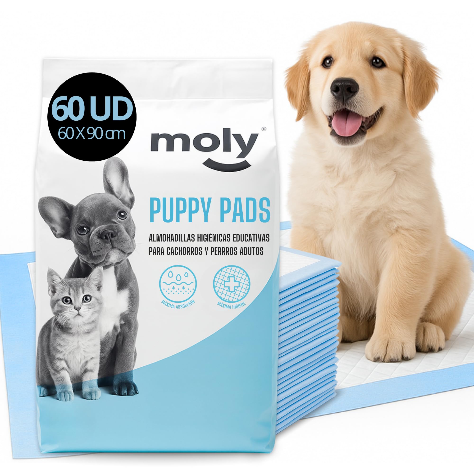 MOLY 60 Empapadores para Perros 90 x 60 cm Desechables | X6 Pack 10 Almohadillas Higiénicas de Adiestramiento Desechables para Mascotas | Neutraliza Olor | Rápida Absorción