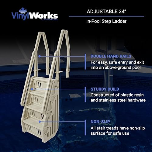 Miniatura 10 de Vinyl Works Sistema de entrada de escalera ajustable de lujo de 24 pulgadas para piscinas sobre el suelo con 2 rieles y superficie antideslizante,