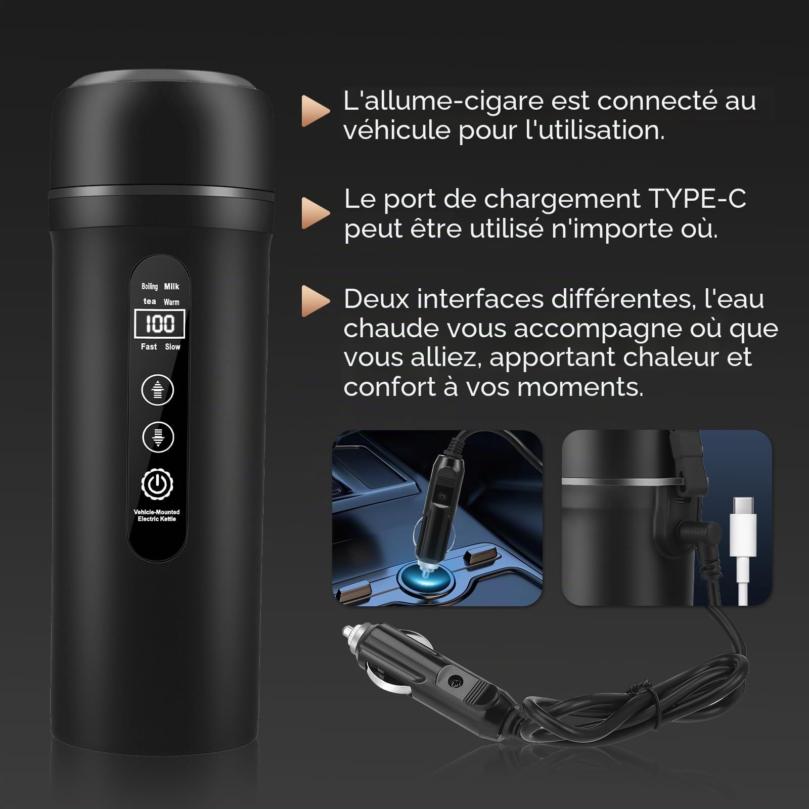 Bouilloire de voyage Bouilloire 12V 24V Auto 500ml, 316 Acier Inoxydable pour Camion Camping-Car, Mode USB-C Maintien au Chaud (45-55°C), Bouilloire Batterie Intelligent LCD Tactile Longue Distance