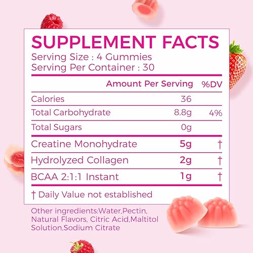 Miniatura 2 de AiVital Gomitas de creatina para mujeres, 5000 mg de monohidrato de creatina para mujeres+2000 mg de colágeno+1000 mg de BCAA, soporta músculos