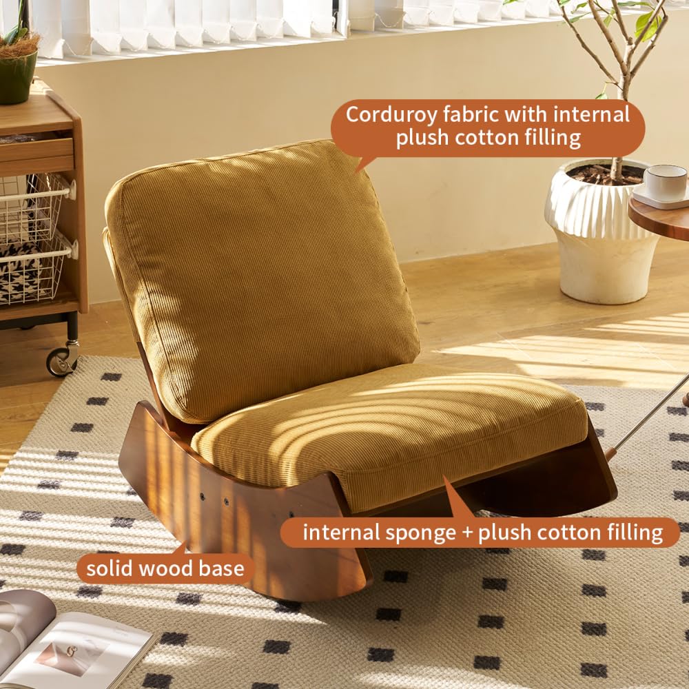 I0I&I0I Brandless Schaukelstuhl Mit Holzrahmen Gepolstert Bequemer Relax Sessel Für Wohnzimmer Schlafzimmer Stillzimmer Lesen Entspannen (Orange + Fabric + Wood)