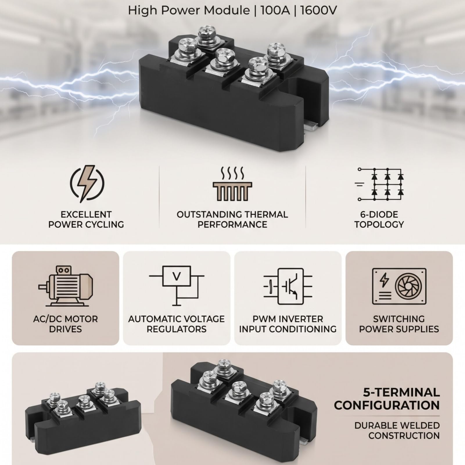 Rectificador De Puente MDS-100A 1600V 5 Terminales Módulo De Diodo De Onda Completa Trifásico Con Base De Montaje Aislada Para Rectificación Trifásica