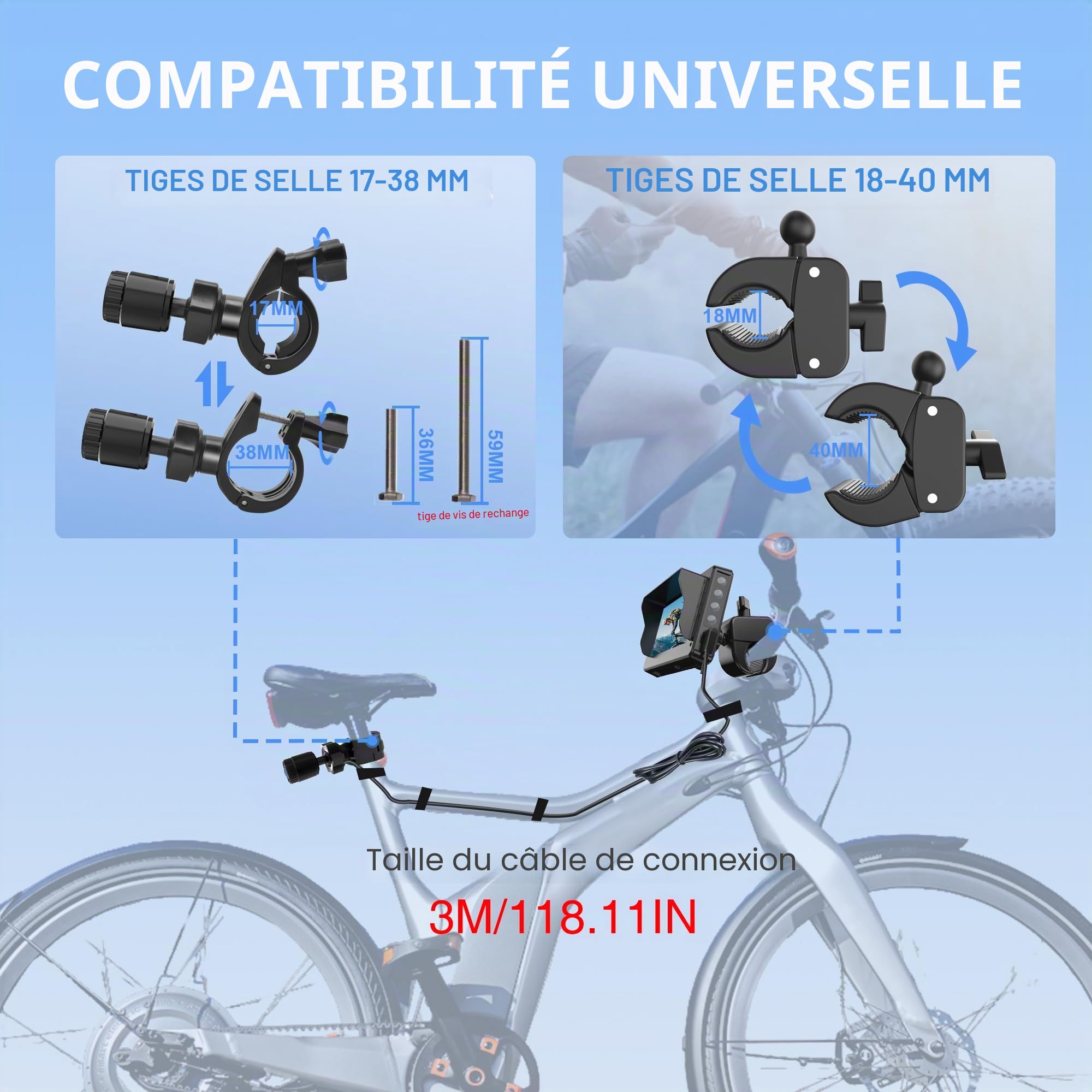 PARKVISION Rétroviseur vélo 1080P AHD, 1000nit 9h, Cintre 20-40mm | 3 m, Anti-Vibration, 1080P 120° , luminosité auto, pour VAE/VTT/Ville
