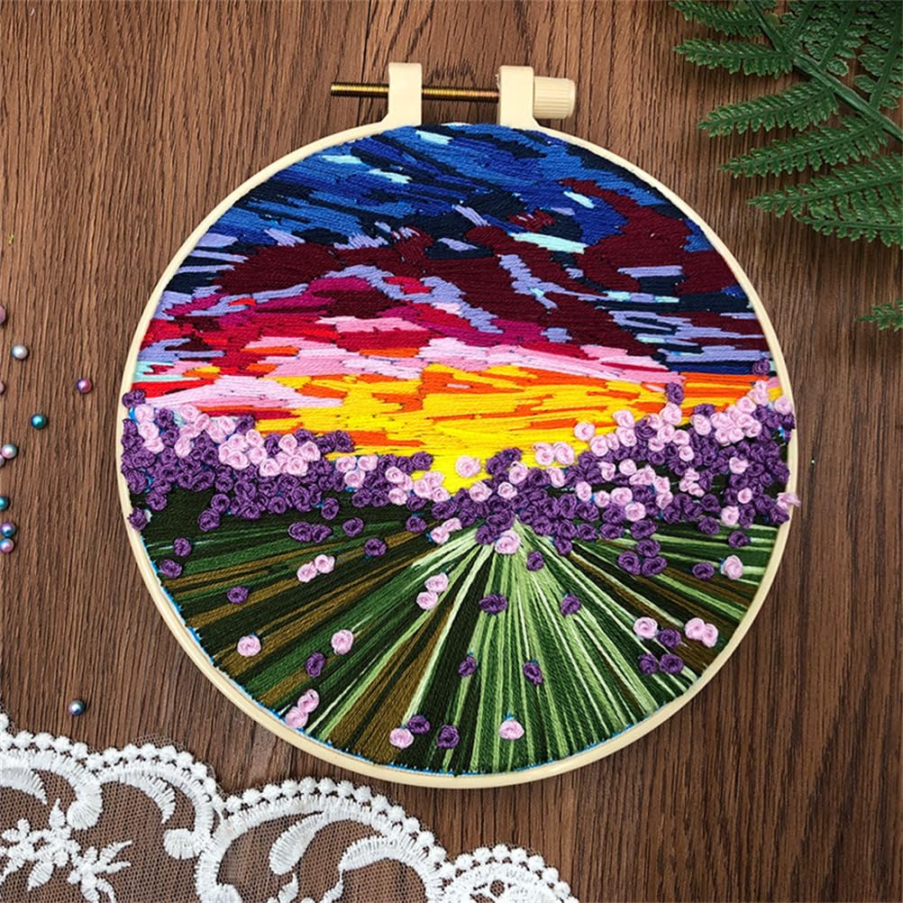 Meecaa Lavender Flower Landscape Sky Embroidery Kit Starter Set, Hand Embroidery Set,Pattern Printed Cross Stitch Set for Beginner Adults, with Embroidery Hoop and Instructions (Flower 1)