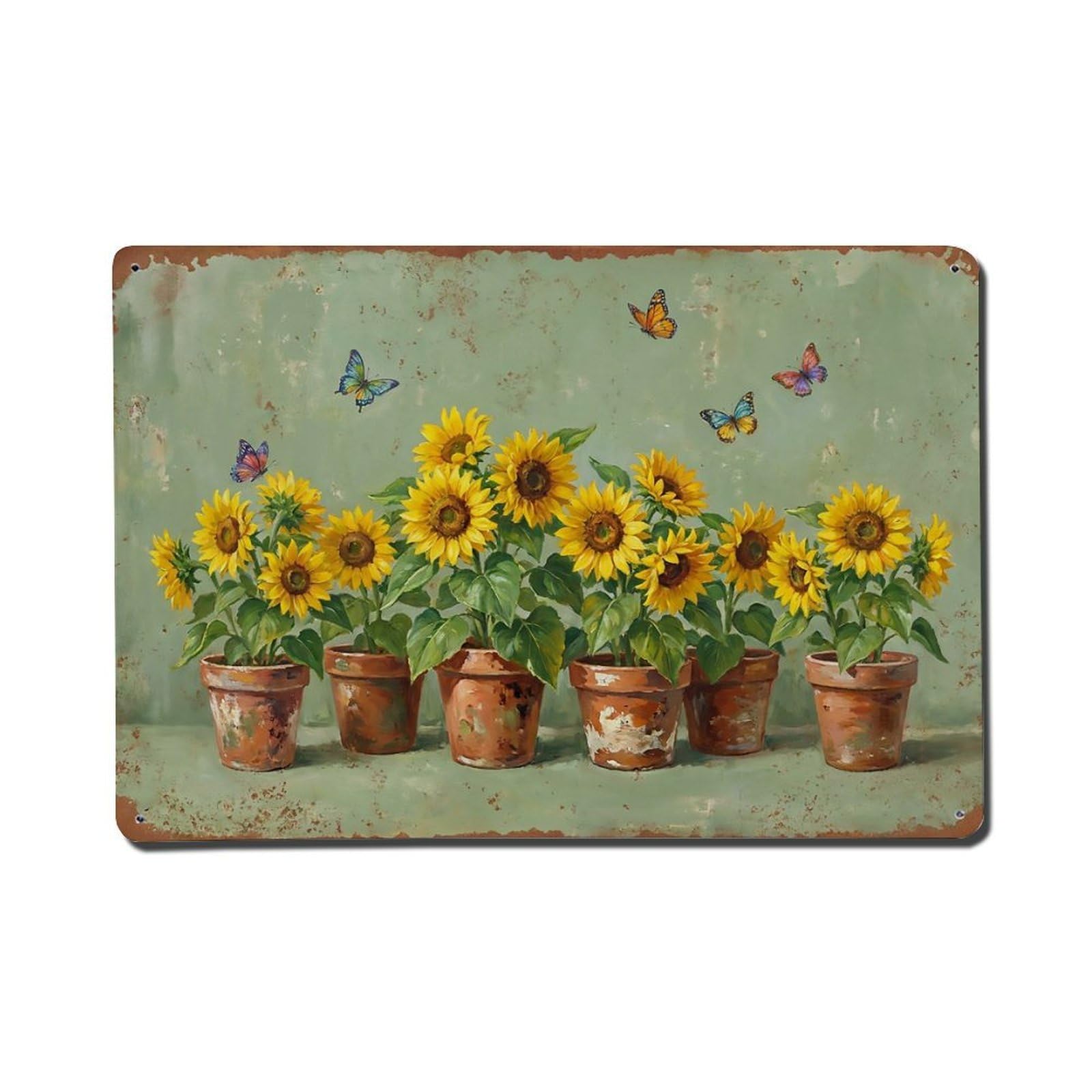 Vintage Rustic Flower Potted Plants Sunflower Metal Tin Sign