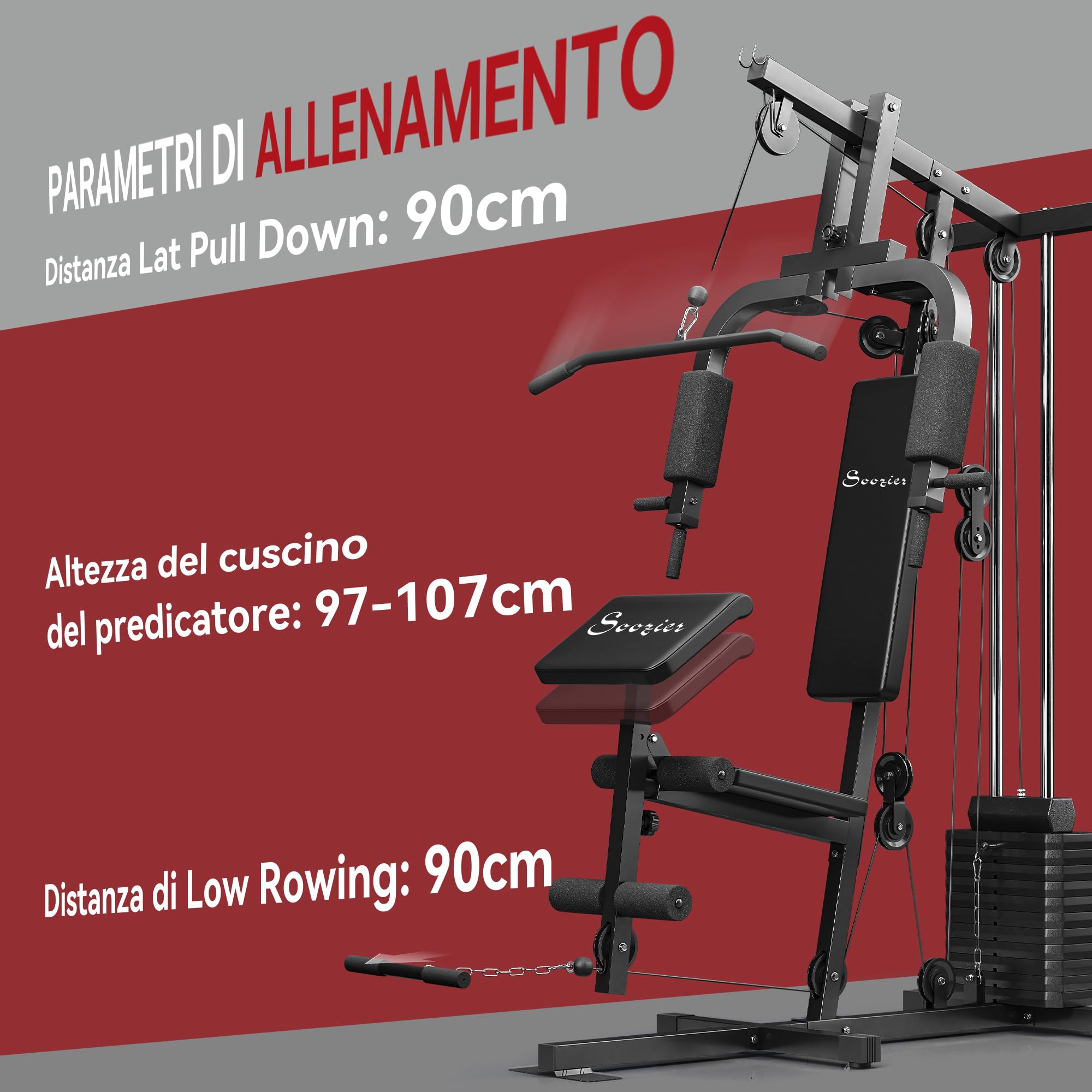 HOMCOM Power Tower con Seduta e Schienale Imbottiti Pesi da 65 kg, Stazione Fitness con Chest Press, Butterfly, Leg Curl, Dischi e Barra per Trazioni e Dip per Home Gym Casa, 135x103x210cm