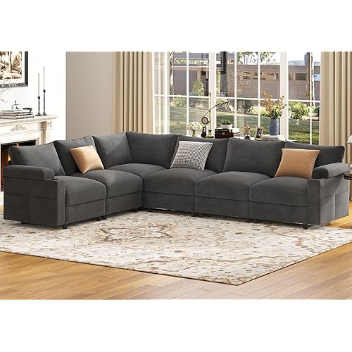Sectional Couches for Living Room FSC Certified Velvet Modular Couch Oversized Cloud U Shaped Convertible Sleeper Sofa Chaise Detachable Armrest Cushion (Velvet Grey, L Shape Corner 6 Seat)