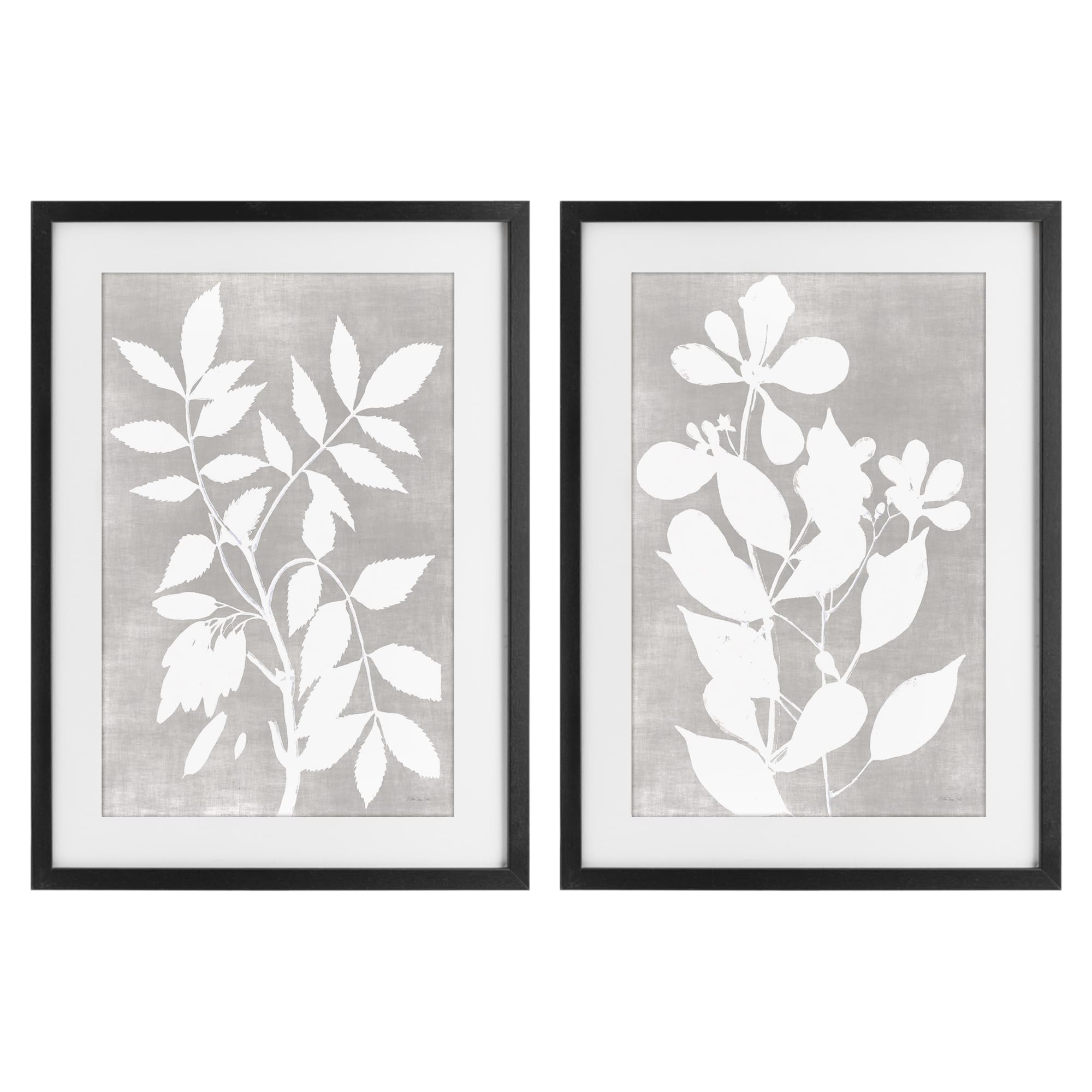 Stupell Industries Mid Century Modern Floral Foliage 'Grey Foliage Impression'| 2Pc Framed Print Under Glass Set