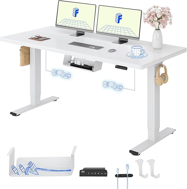 FlexiSpot Höhenverstellbarer Schreibtisch mit 2 Motoren & 25MM einteiliger Tischplatte,ergonomischer Bürotisch - 160 x 80 cm Weiß, weißes Gestell