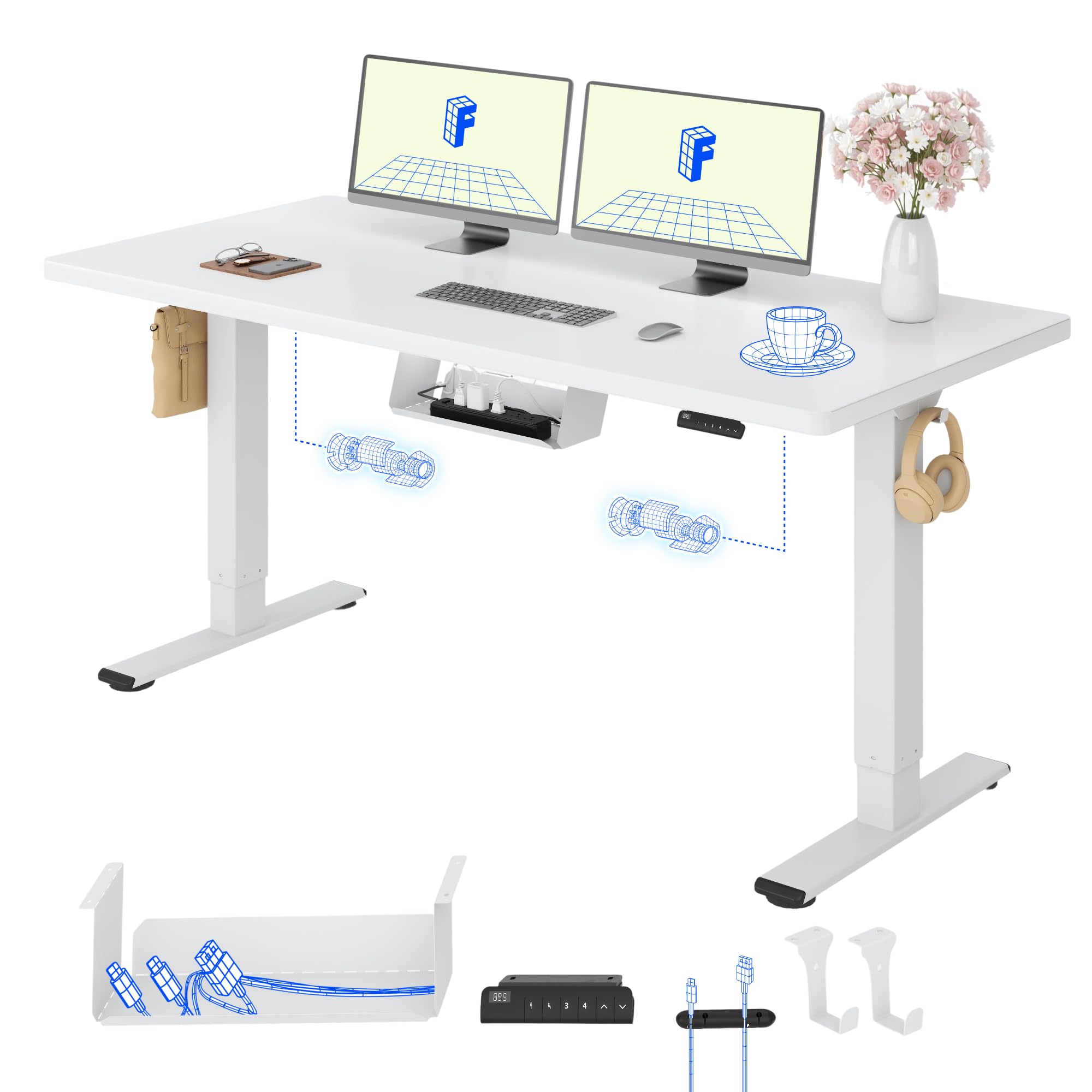 FlexiSpot Höhenverstellbarer Schreibtisch mit 2 Motoren & 25MM einteiliger Tischplatte,ergonomischer Bürotisch - 160 x 80 cm Weiß, weißes Gestell
