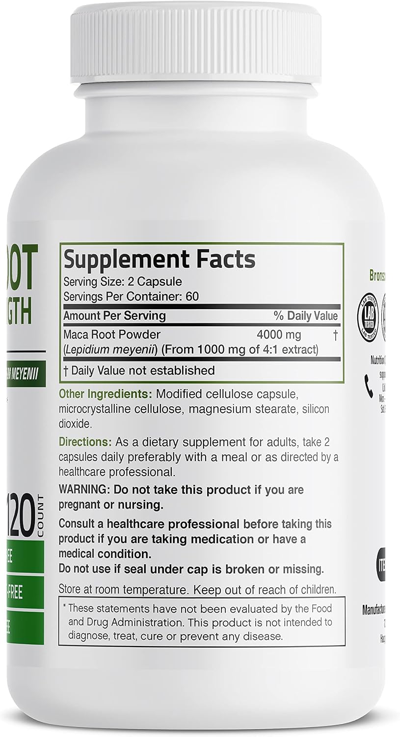 Bronson Maca Root Extra Strength 4000 MG per Serving, Lepidium Meyenii - Non-GMO, 120 Vegetarian Capsules