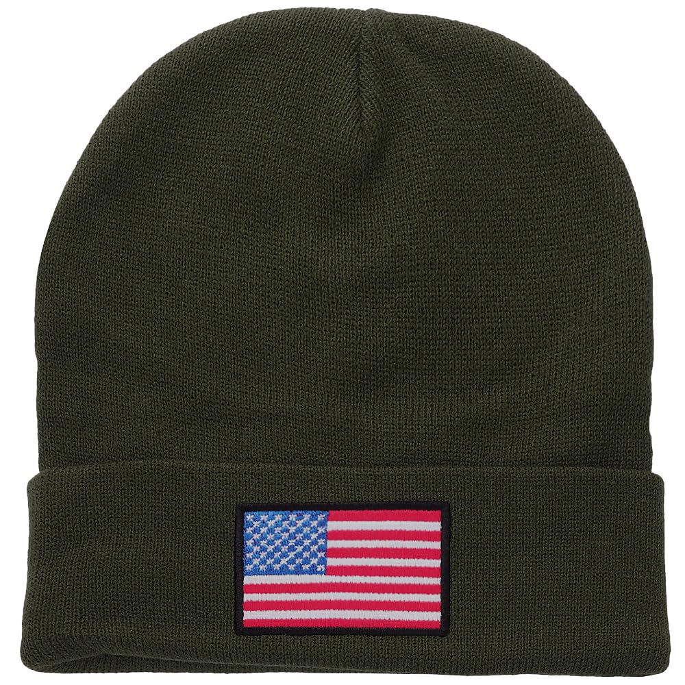 Falari American Flag Embroidered Beanie Hats for Unisex Men Women Winter Cold Weather Knit Cuff Skull USA Cap - Olive