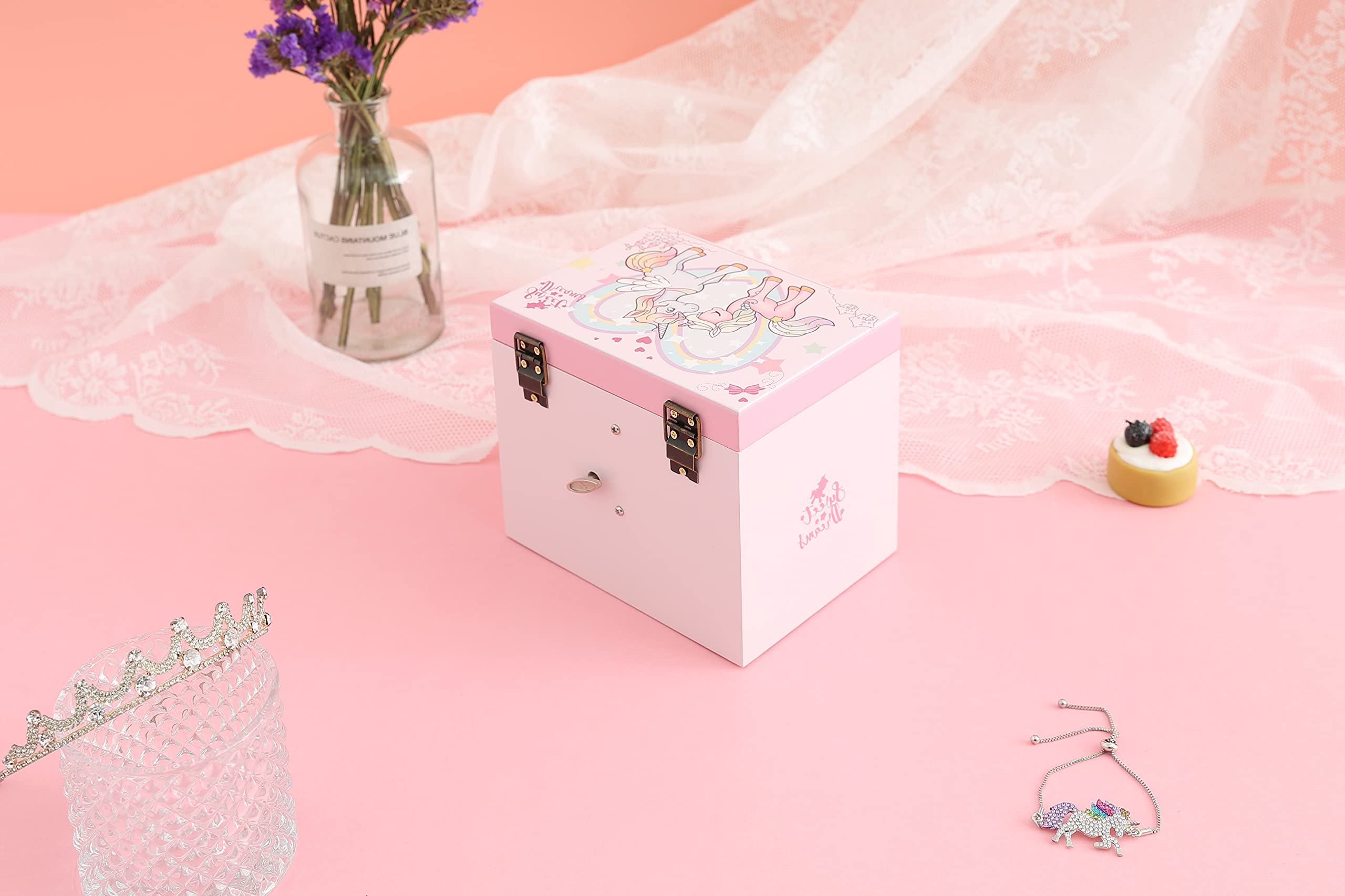 Caja de almacenamiento de joyas de madera musical para niños, regalos con juegos de joyas de unicornio/princesa bailarina, unicornio4