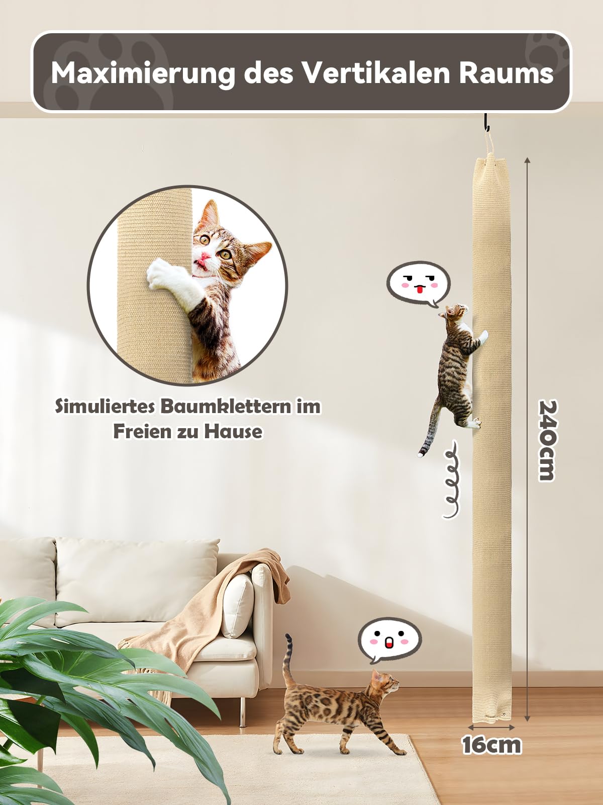 BSWAY Klettersack für Katzen 16x16x240cm Katze Kletterseil, Sisal Sack Klettersack Climber für Katzen mit Haken und Füllpolster