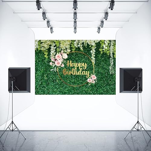 Miniatura 4 de Aperturee Telón de fondo de hojas verdes de 7 x 5 pies flores rosas y blancas color verde natural césped rústico niñas mujeres dulce fondo de