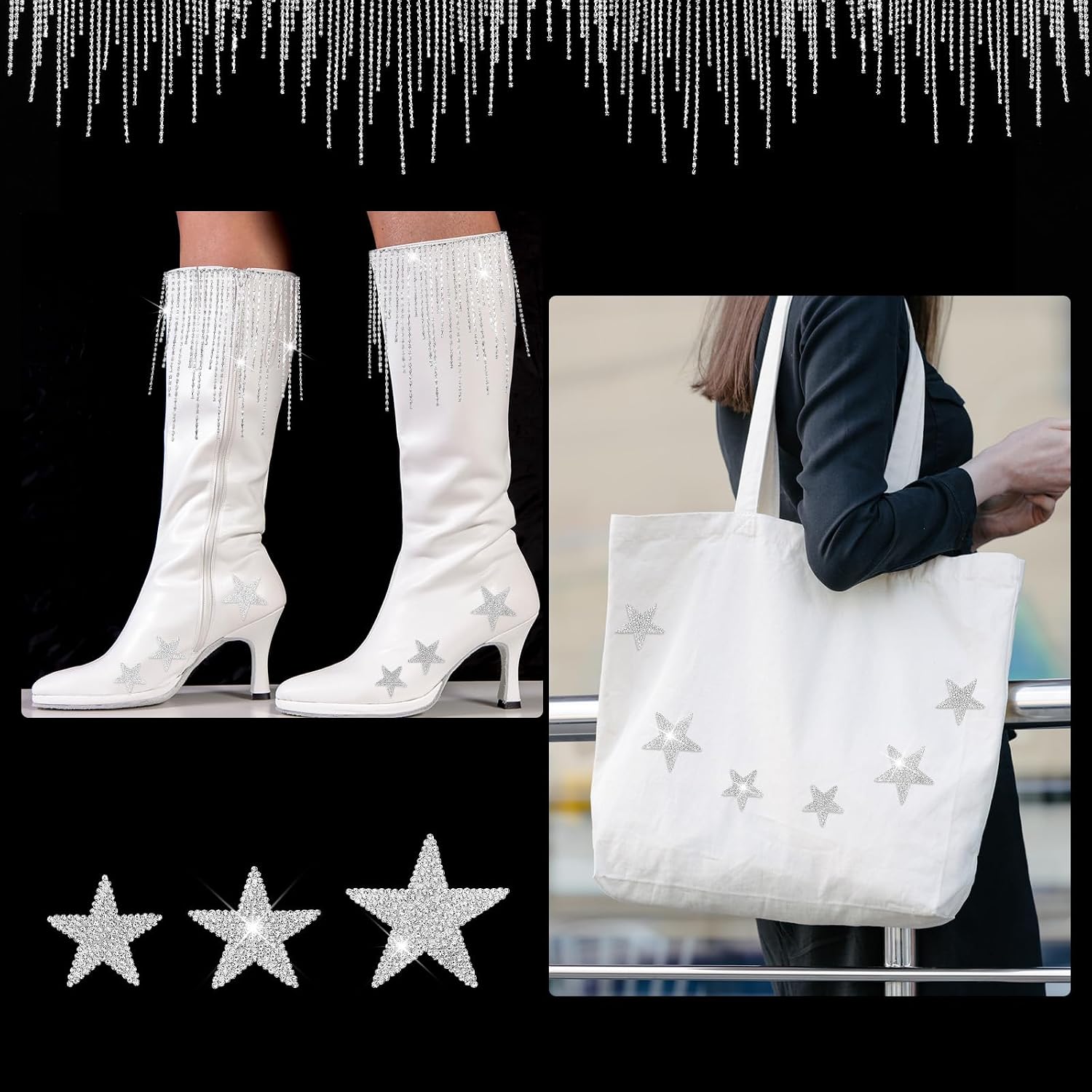 Suncalla 2 Yard Rhinestone Fringe Trims and 24 Pcs Self Adhesive Rhinestone Star Stickers Diamond Tassel Chain for DIY Clothing Accessories Jeans Bags Hats Repair Decoration
