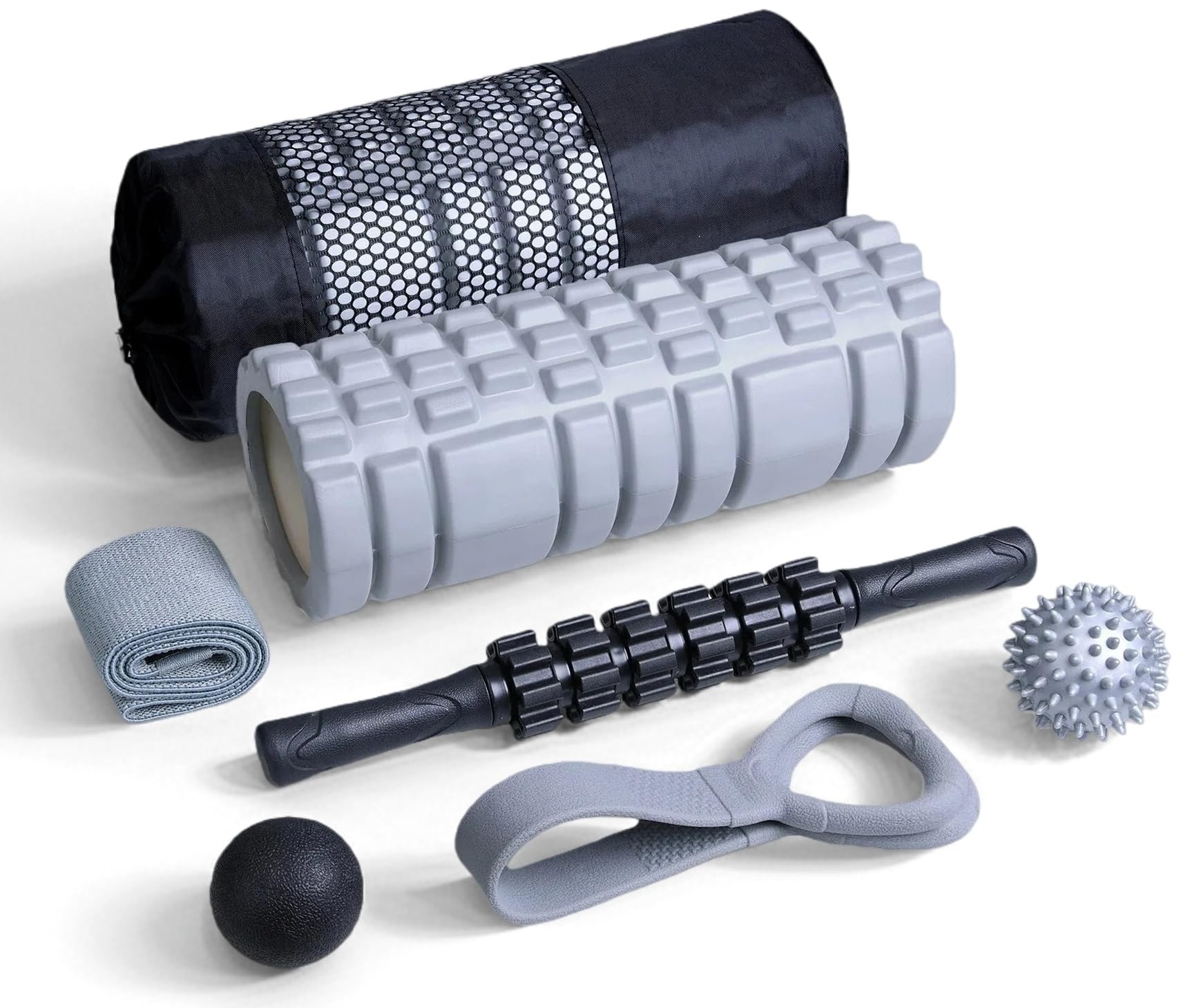 7 in 1 Foam Roller Set, Trigger Point Foam Roller, Muscle Roller Yoga Stick, Massage Ball, Spiky Ball, Resistance Band, Stretching Band, Fitness Exercise for Whole Body (Grey)