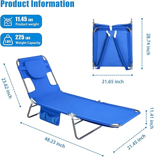 Miniatura 3 de daystar SunnyFeel Silla de Lounge de Playa, Sillas Reclinables de Playa con Mochila Planas hacia Abajo, Silla de Bronceado Cara hacia Abajo, Sillas