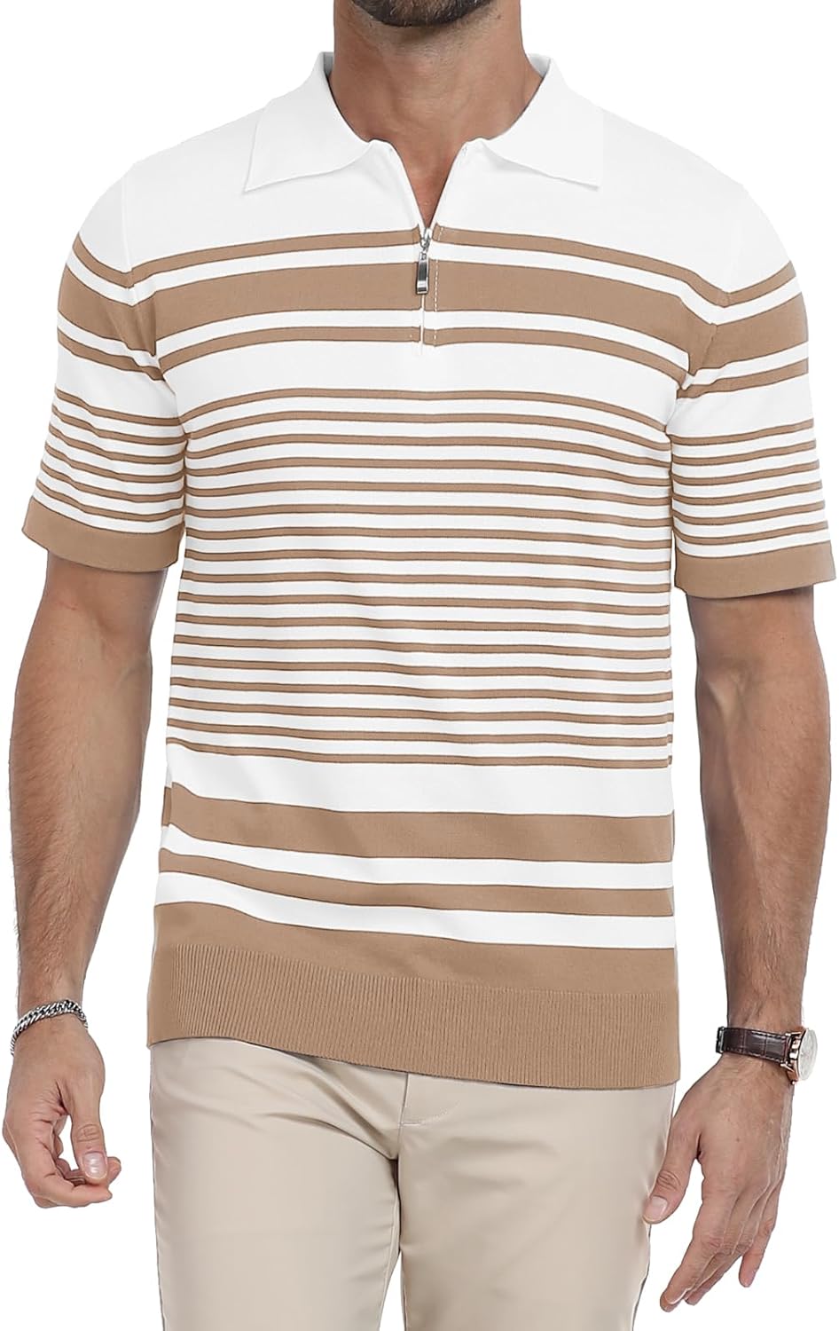 KUYIGO Men's Knit Collared Polo Shirts Short Sleeve Zipper Striped Tops Classic Fit Casual Soft T-Shirt - Image 2