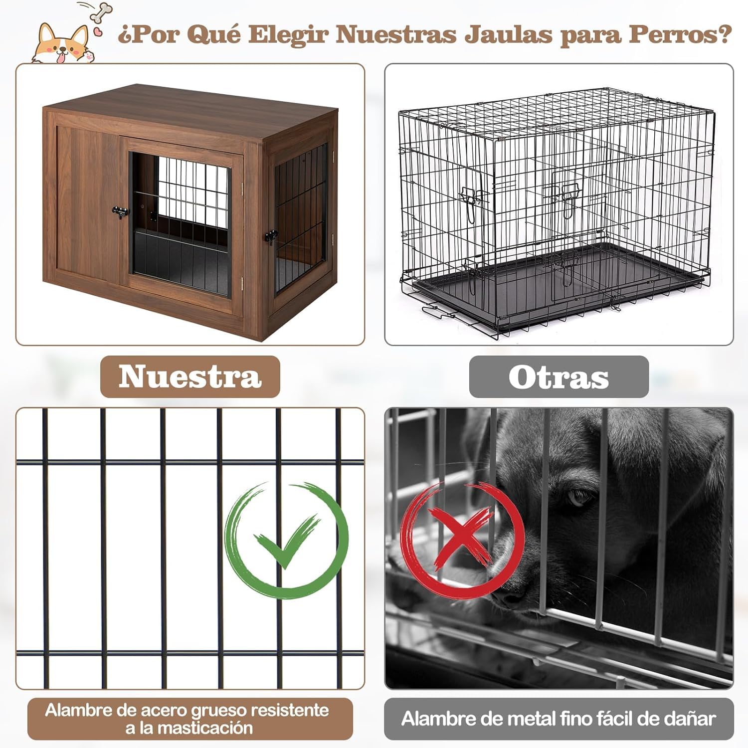 GOPLUS Jaula para Perro 2 en 1 con Cojín Cómodo y Doble Puerta, Casa de Jaula para Perros, Nicho Decorativo de Malla para Perros Pequeños y Medianos 92 x 59 x 66,5 cm, Marrón
