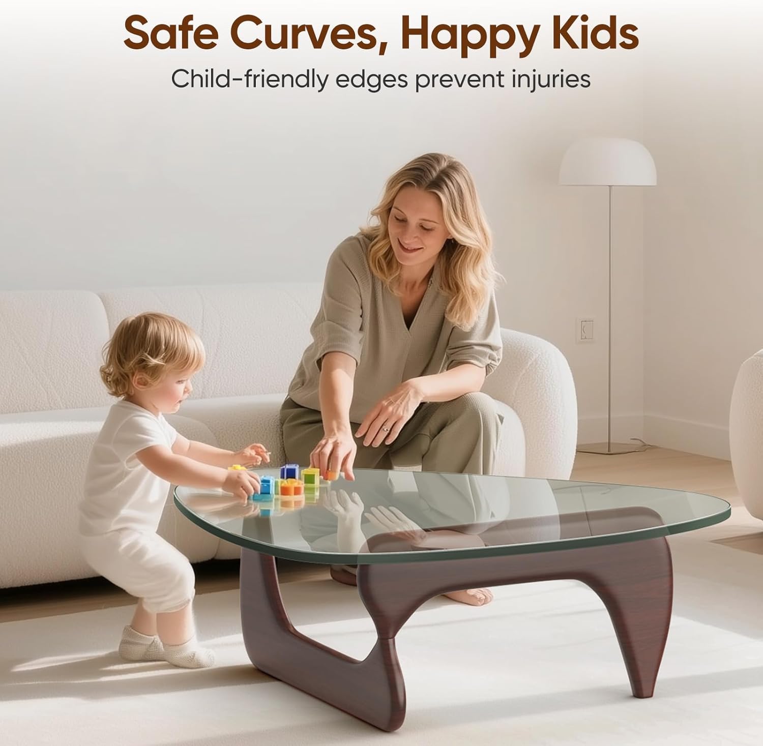 Triangle Glass Coffee Table Vintage Glass End Table, Solid Wood Base and Triangle Clear Glass Top Modern End Table for Living Room, Patio, Study, Dark Walnut