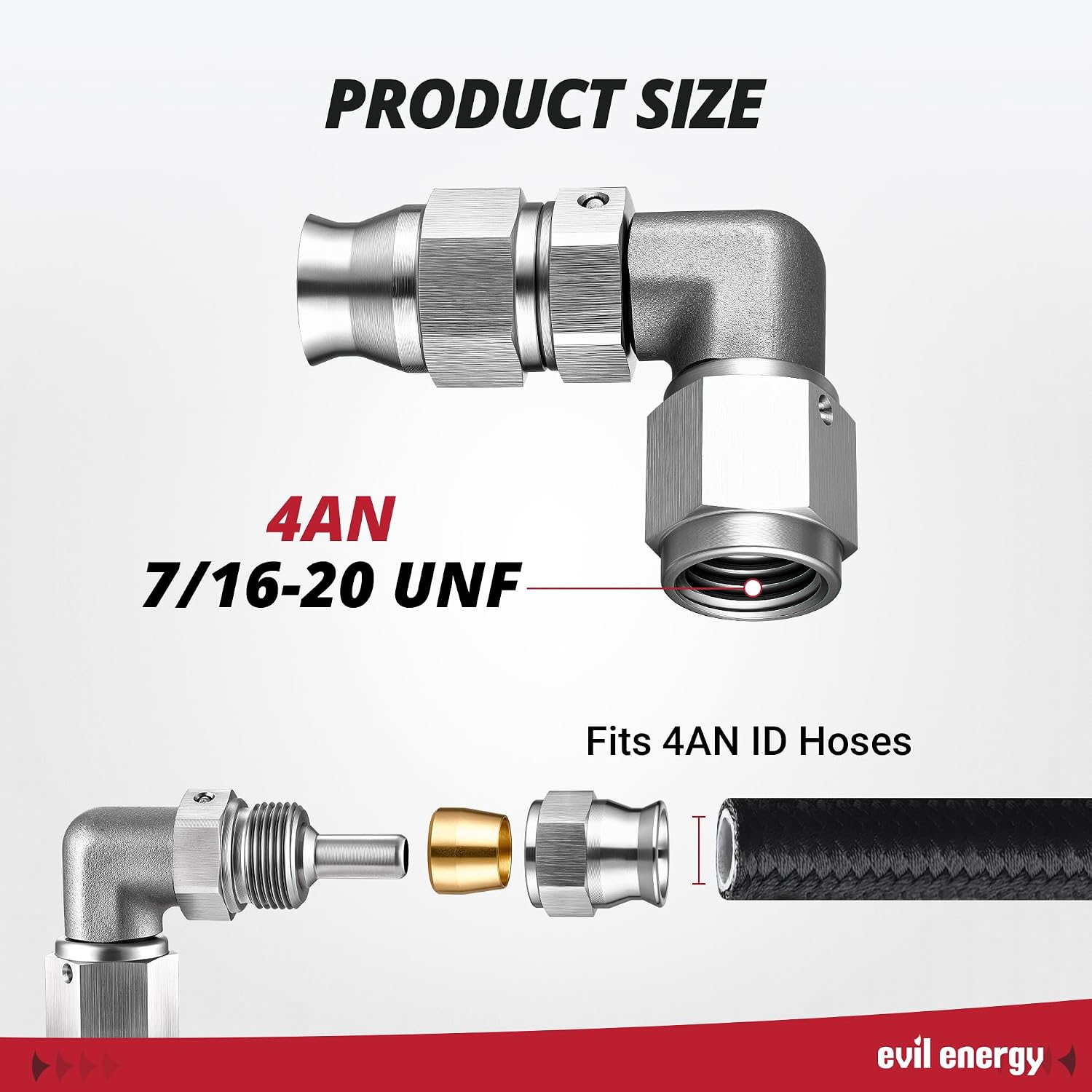 EVIL ENERGY Stainless Steel 4AN PTFE Hose End Fitting, 4AN 90 Degree Fitting for PTFE Hose Only, Silver