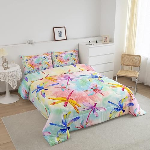 Miniatura 2 de Erosebridal Juego de ropa de cama Kawaii de libélula, juego de edredón de teñido anudado arco iris, juegos de edredón de animales coloridos, relleno