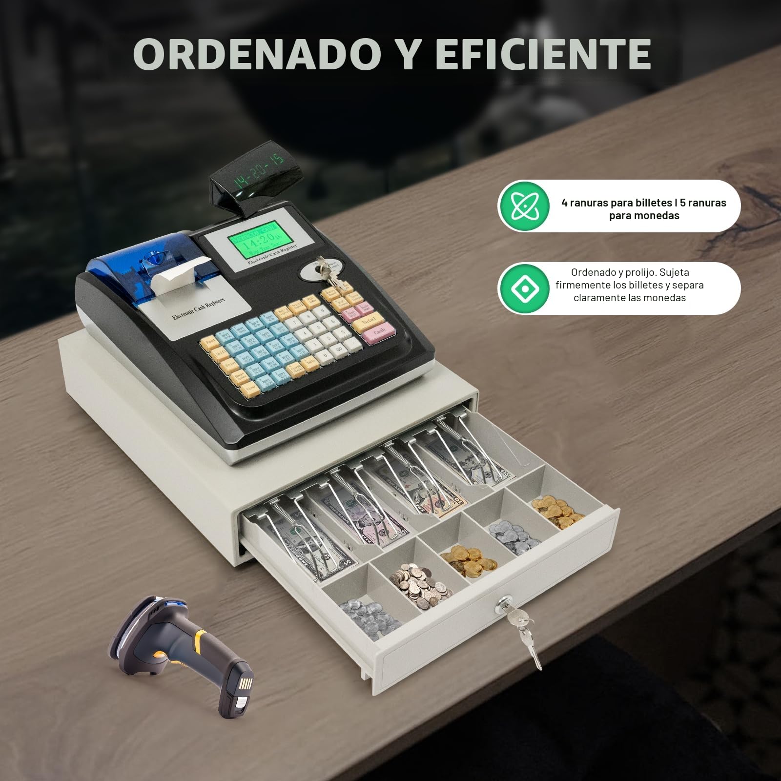 Caja registradora electrónica (Sistema inglés), 48 teclas, caja comercial, gastronomía, sistema de caja con pantalla bidireccional y doble pantalla, para minorista/restaurante