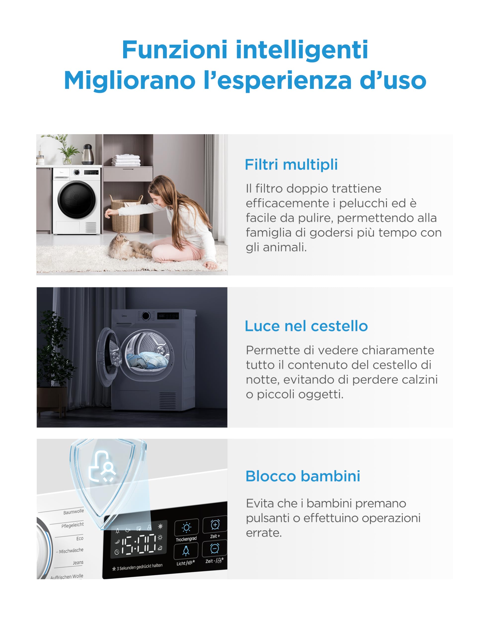 Midea Asciugatrice 8 Kg a Pompa di Calore, Libera Installazione, Classe A++, Asciugatura Veloce,Wool Refresh,15 Programmi,60 x 60 x 85 cm, Bianca - MD11EH80D