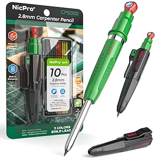 Nicpro CP5000 7 em 1 magnético lápis carpinteiro profissional com afiador, lapiseira de construção de 2,8 mm, 10 peças sobressalentes, marcador de furos profundos para construção