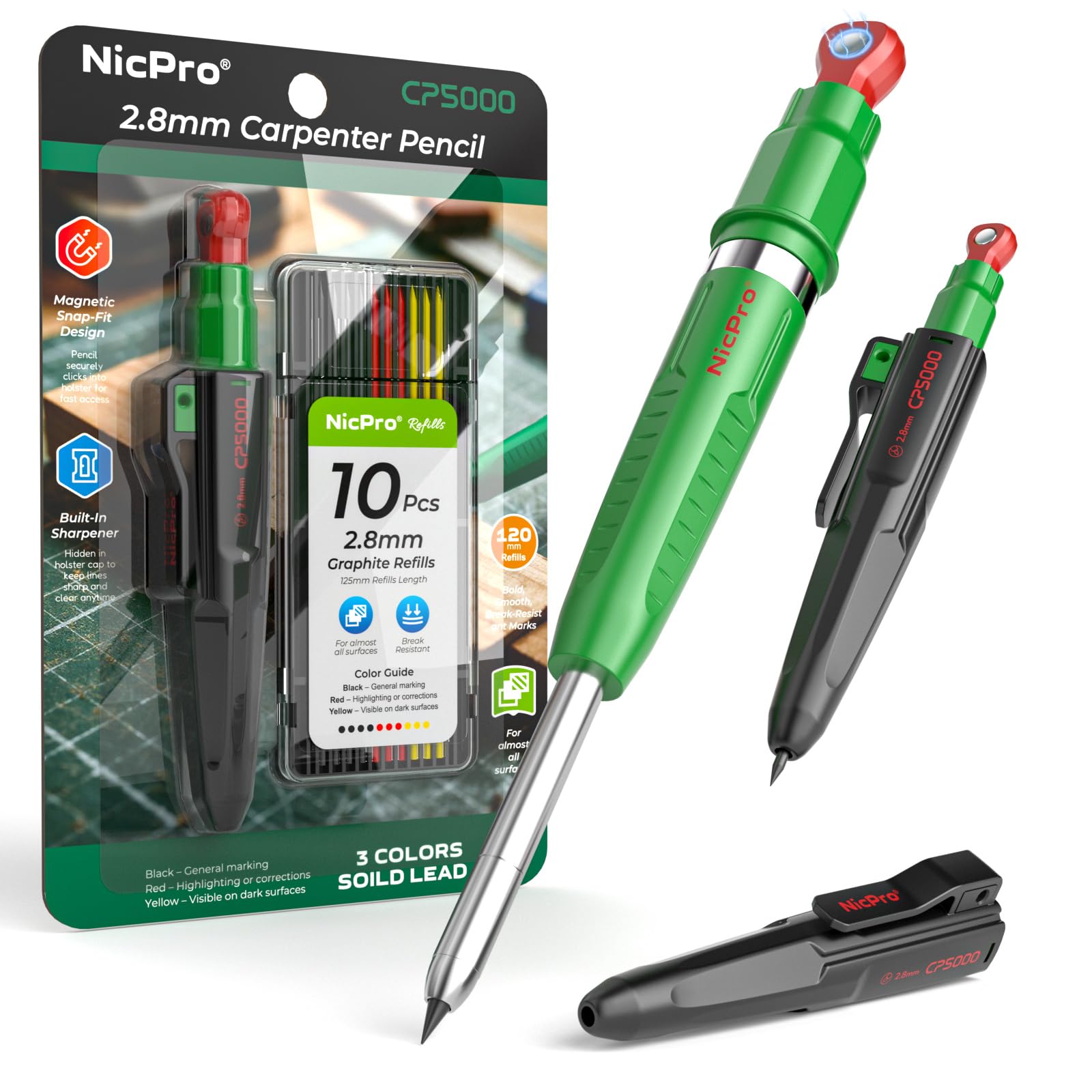 Nicpro 7-in-1 CP5000 Magnetic Carpenter Pencils with Sharpener, 2.8mm Construction Mechanical Pencil+10 Refill, Deep Hole Marker for Construction, Woodworking Pencil, Carpenter Tools for Marking