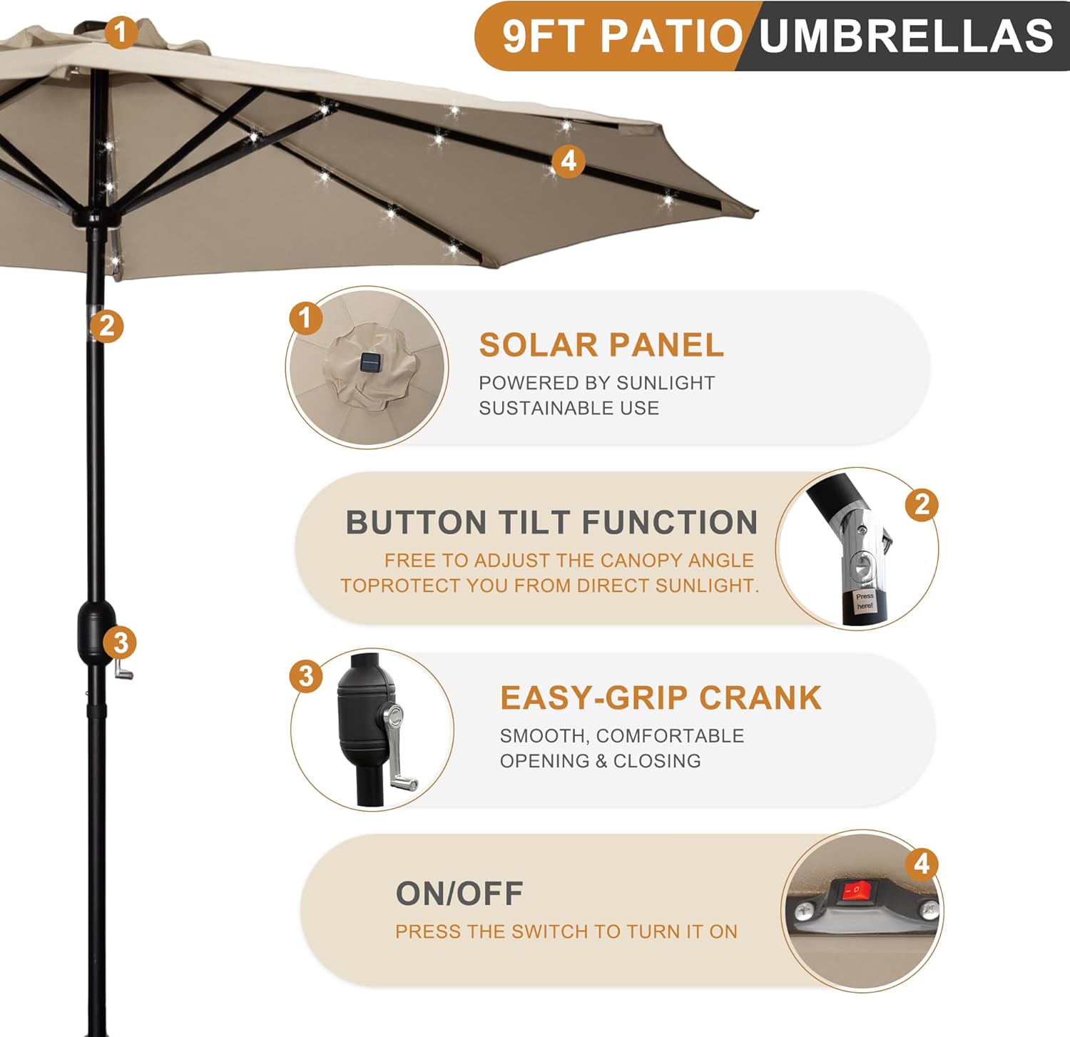 9FT LED Patio Umbrella, Solar Outdoor Umbrellas with LED Lights, Deck Umbrella with Push Button Tilt and Crank, UV Protection Waterproof for Pool, Porch, Garden, Deck, Backyard. (TAN)