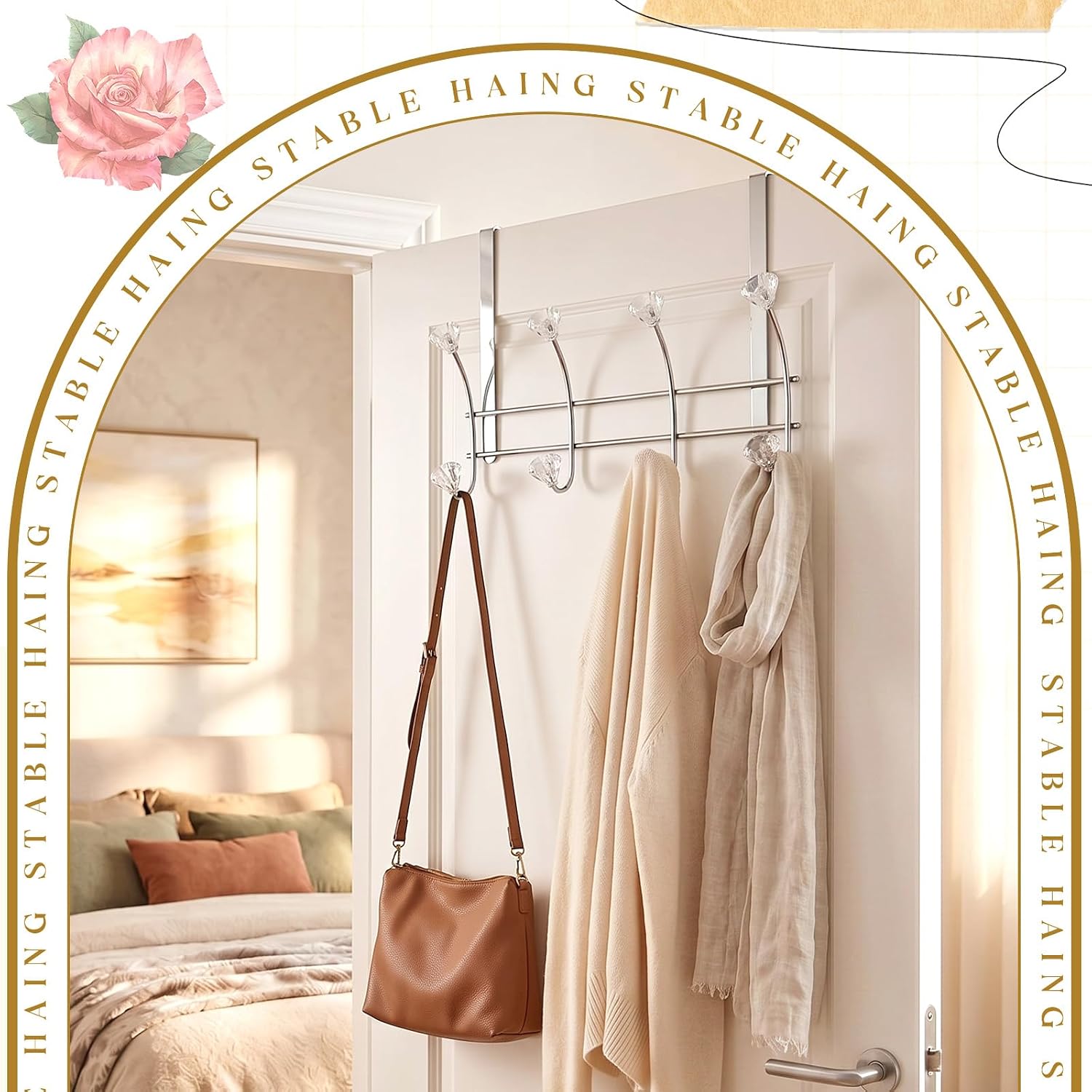 Over The Door Towel Hooks with Crystal Knobs, 8 Hook Heavy Duty Doors Hanger Rack for Bathroom, No Drill Slim Over Door Organizer for Bedroom Closet, Holds Coats Towels Robes Bags Purse