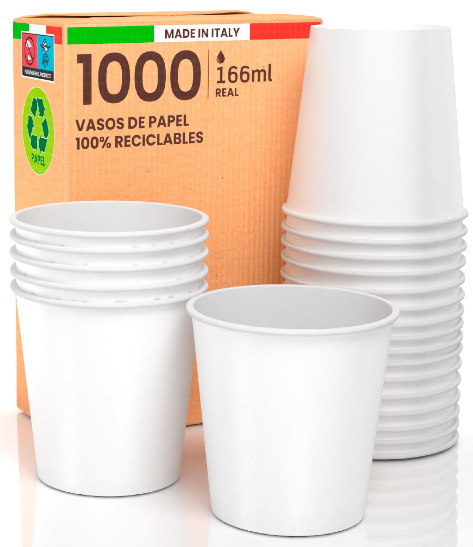 1000 vasos de papel blancos, 166 ml, ecológicos, biodegradables, desechables, fabricados en Italia, para transportar bebidas calientes de agua, fabricado y empaquetado en Italia