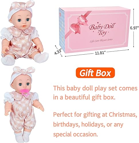 Miniatura 8 de Juego de muñeca de bebé de 12 pulgadas con 4 trajes, colgador de ropa, manta para envolver, babero, pañal, chupete, biberón, mochila y accesorios.
