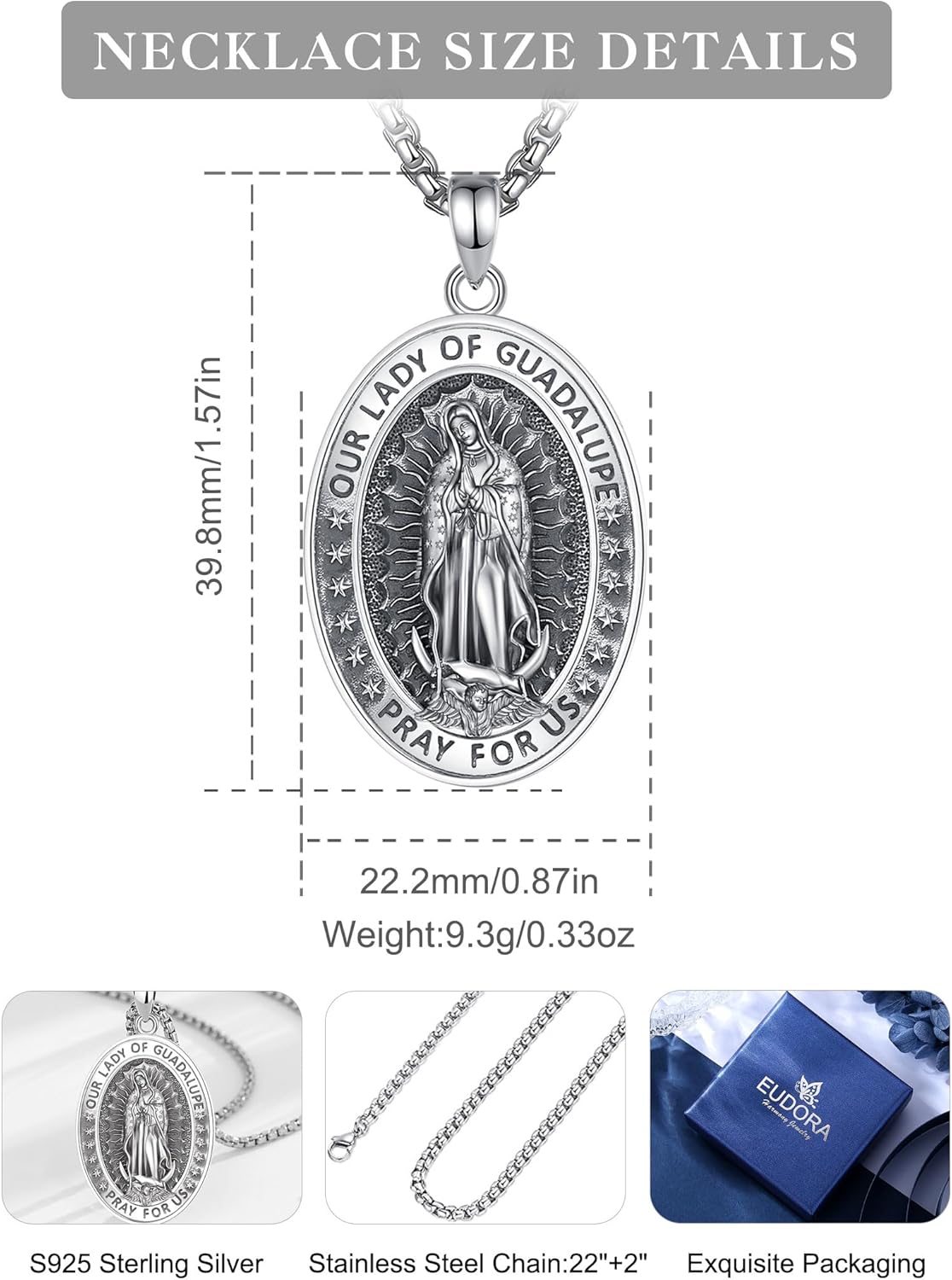 EUDORA 925 Sterling Silver St Christopher/St Benedict/St Michael/Virgin Mary/San Judas Tadeo/Good Shepherd Cross/Archangel Necklace Medal Pendant Protection Religious Amulet Jewelry For Men Women - Image 8