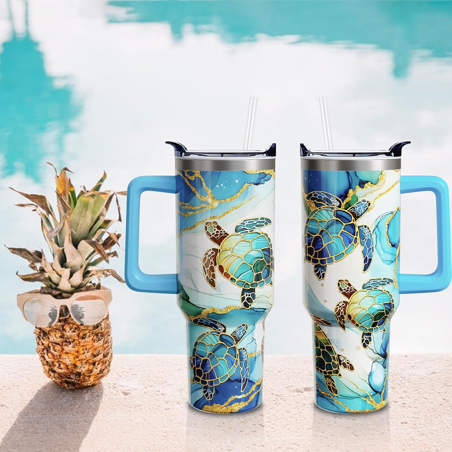 40 Oz Sea Turtle Tumbler with Handle and Lid Straw, Blue Marble Stainless Steel Travel Cups, Turtle Lover Gifts for Women Men (1PC) - Image 7
