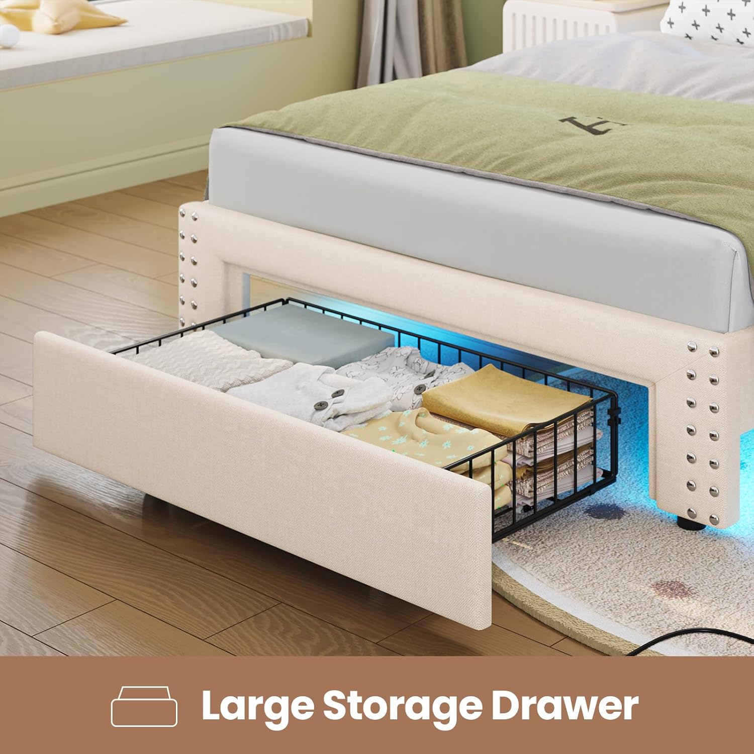 Image showing the large storage drawer pulled out from the footboard.