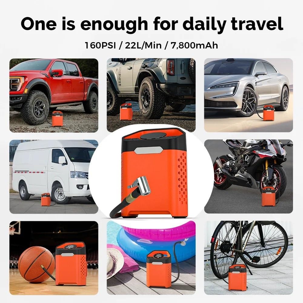 Inflador Ruedas Coche Compresor portátil para Coche, Inflador de neumáticos de Coche de 160 PSI, 7800mAh, para Coches, Motocicletas, Bicicletas, Bolas Compresores de Aire portátiles(Orange)