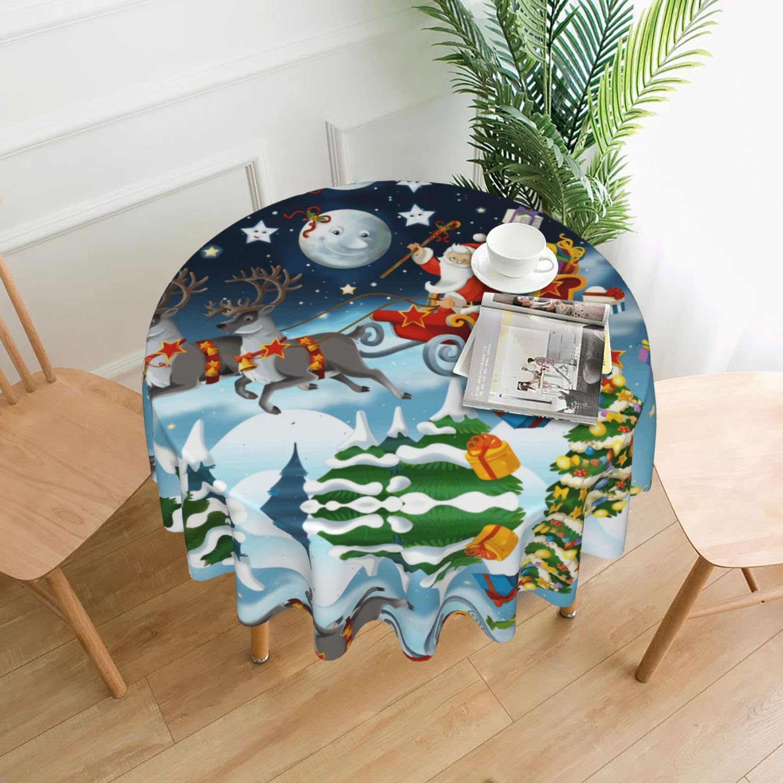 YYHWHJDE Merry Christmas Santa Claus Reindeer Sled Prints Round Decorative Tablecloth 60in - High-Grade Polyester Throw for Elegant Dining & Festive Gatherings