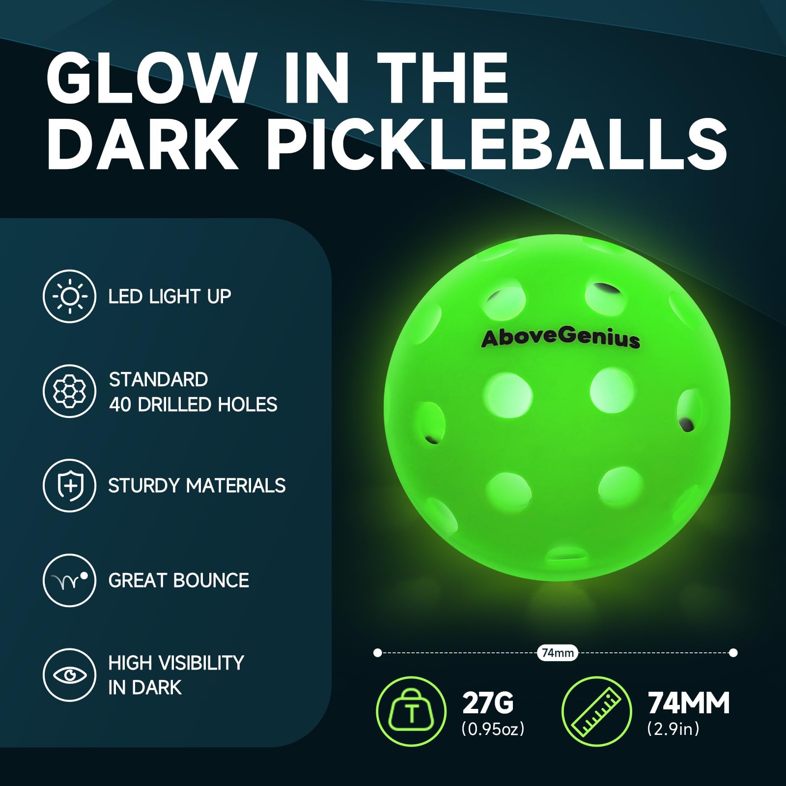 AboveGenius Palline da pickleball con luci LED, confezione da 6 palline da pickleball che si illuminano al buio, ad alta visibilità e di lunga durata per giocare notturno