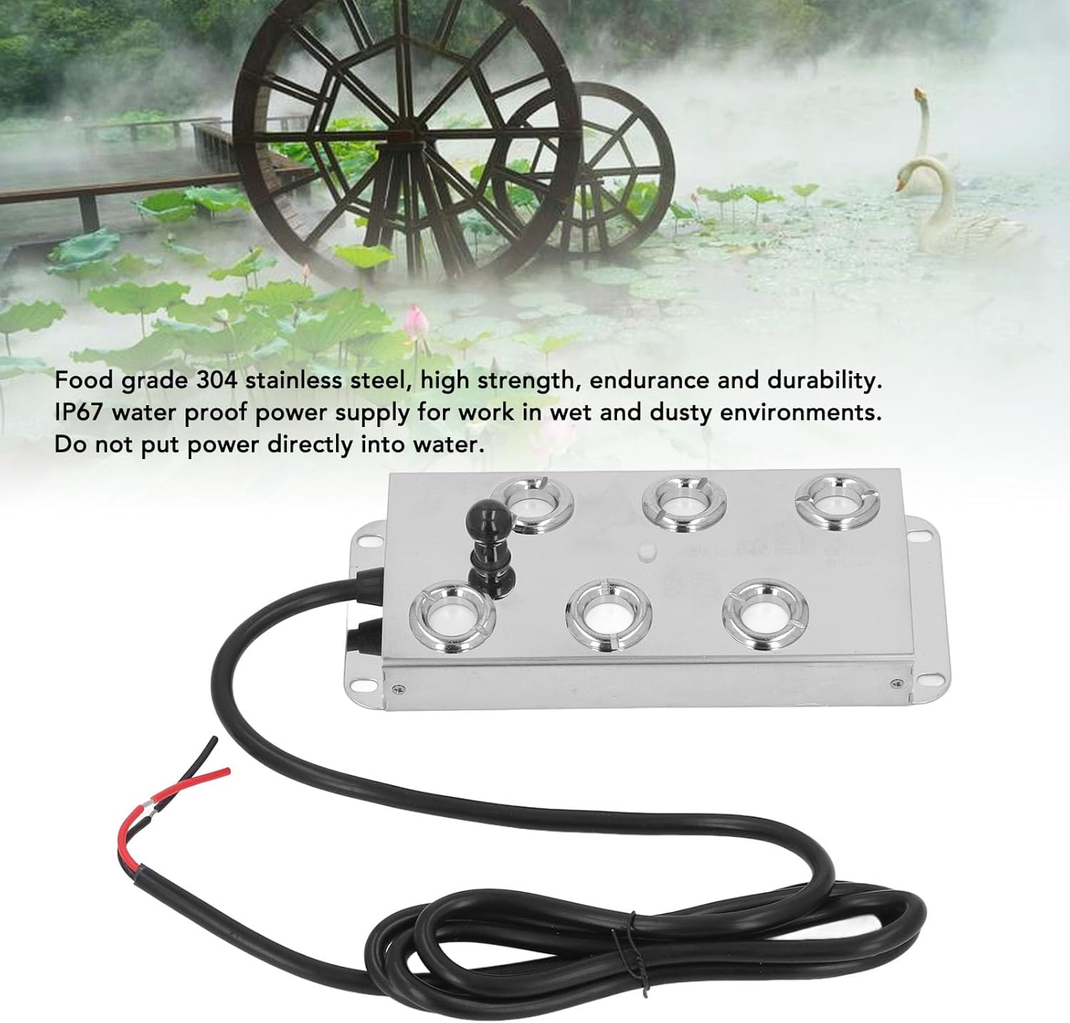 1.35m Cable Ultrasonic Water Pond Fountain Fogger, Stainless Steel 6 Heads Quiet Ultrasonic Mist Maker for Landscape Garden, DC45-48V Ultrasonic Fogging Machine with IP67 Waterpr