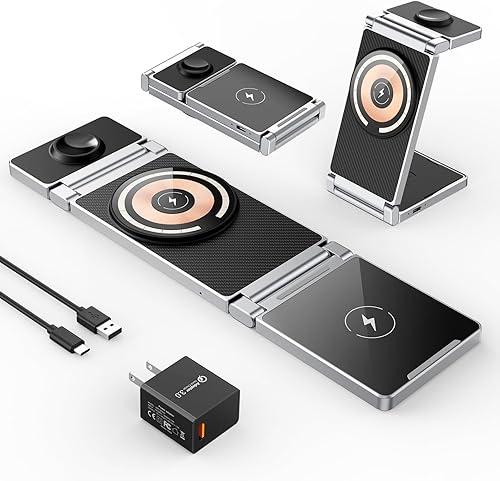 Hohosb - Estación de carga magnética, 3 en 1, plegable, de aleación de zinc, cargador inalámbrico compatible con cargador Magsafe para iPhone
