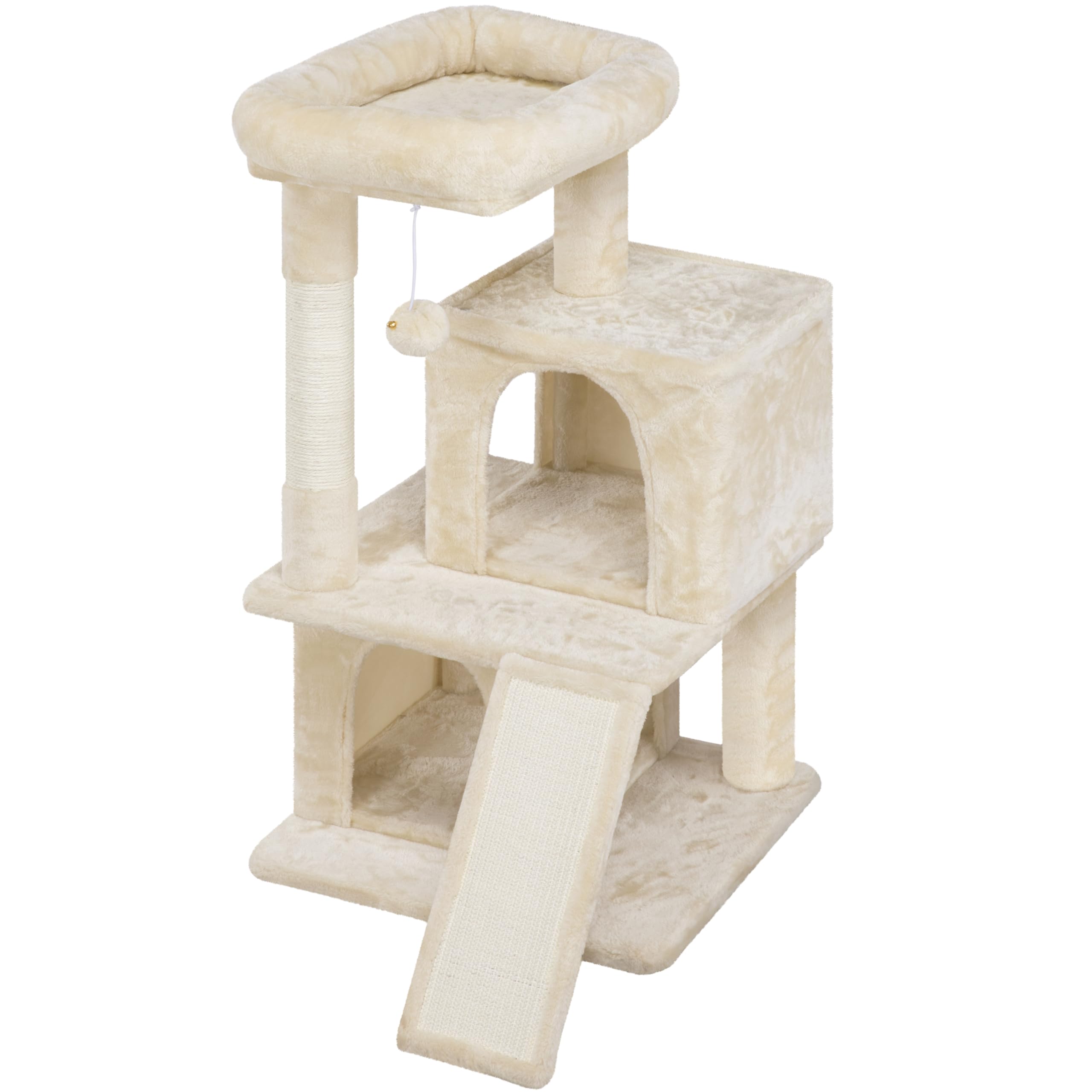 Abician Cat Tree Ideal At The Corner Of The Wall Cat Tree with Scratching Poles Sisal Spacious Kennel 1 Plush Ball 49 x 45.5 x 91 cm Beige