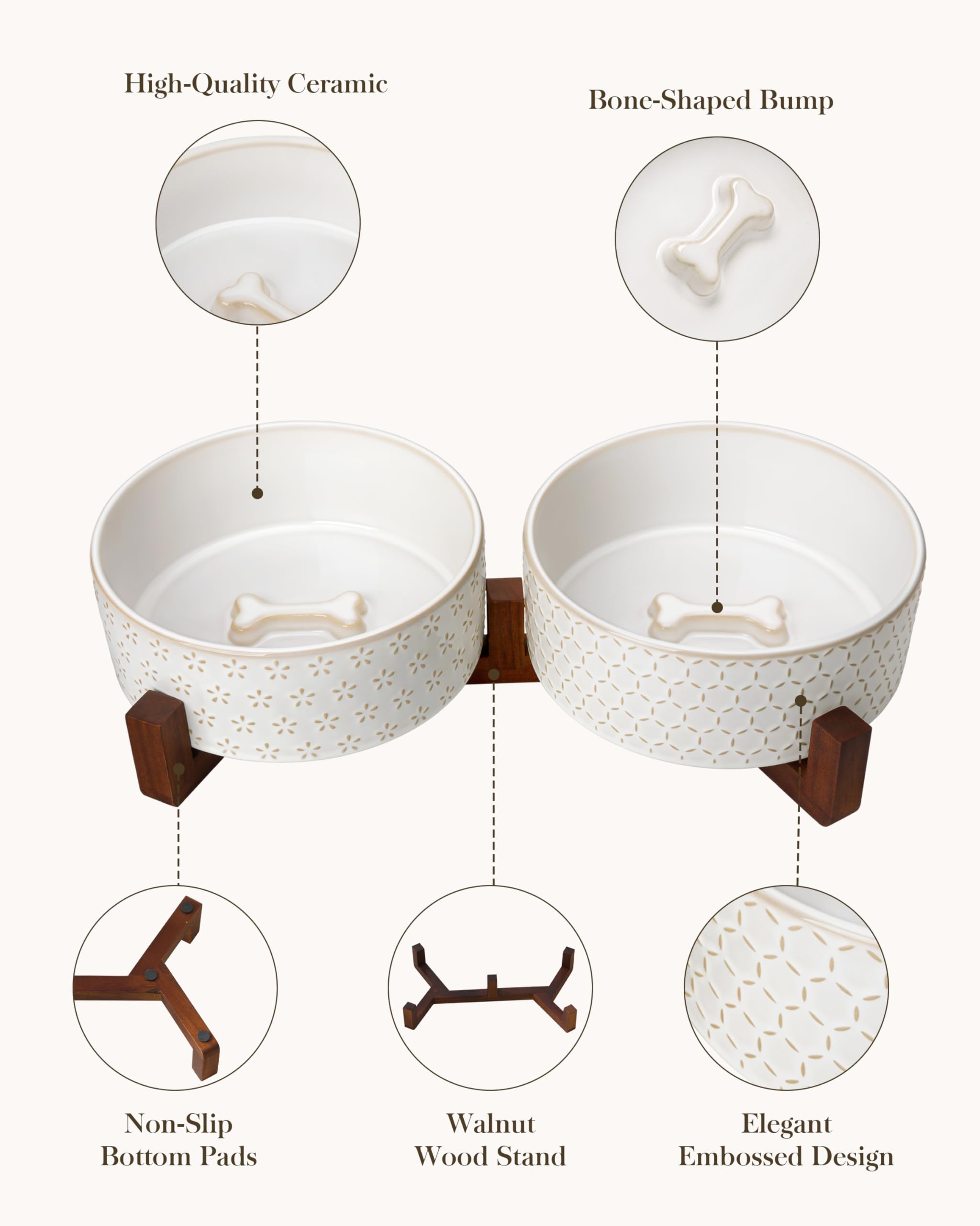 MALACASA Juego de cuencos para perros con soporte de madera de nogal, 6 tazas de cerámica para cachorros, cuencos dobles para alimentos y agua con base antideslizante, cuencos básicos para tu perro