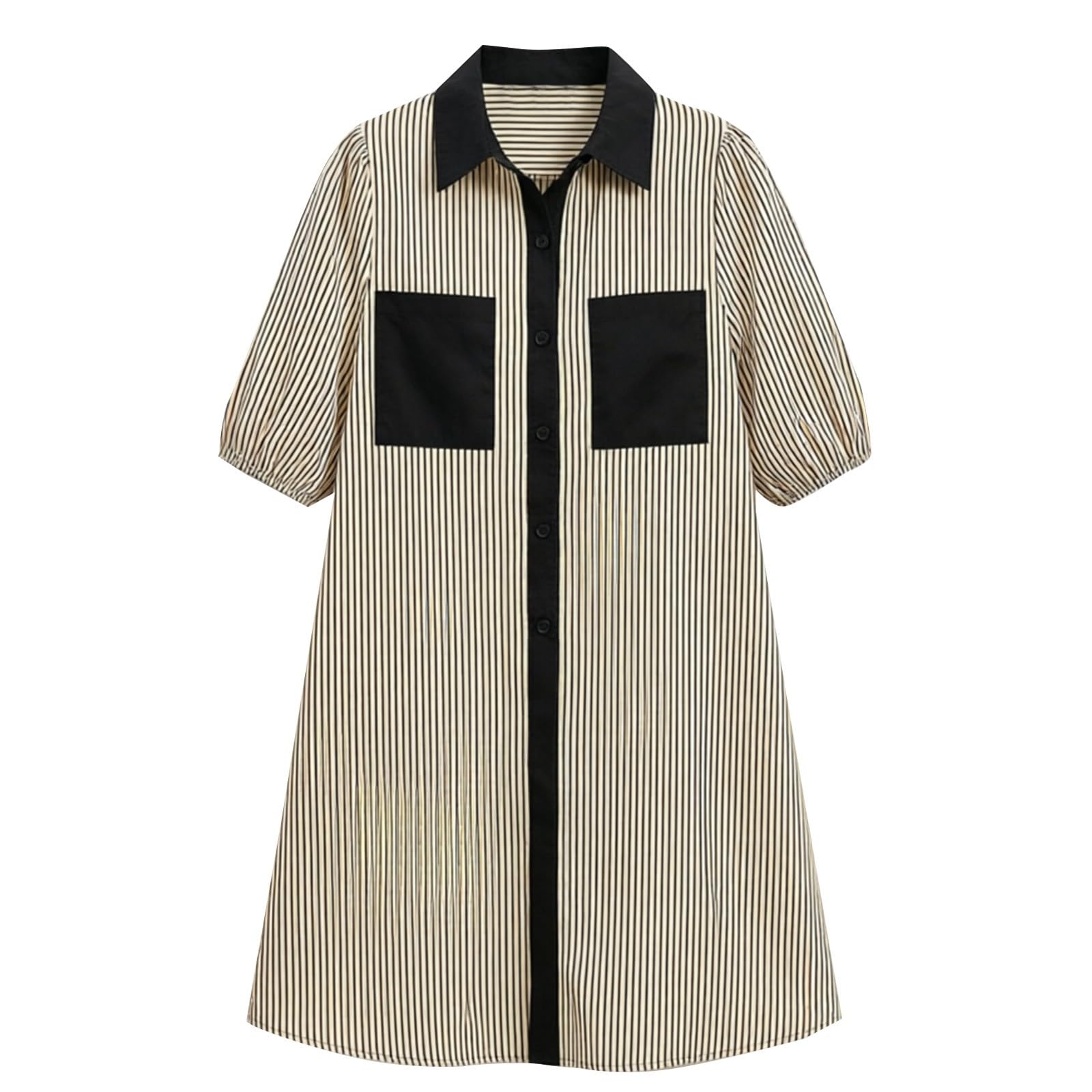 Abito da donna in mussola a maniche corte, in lino, con tasche, a righe