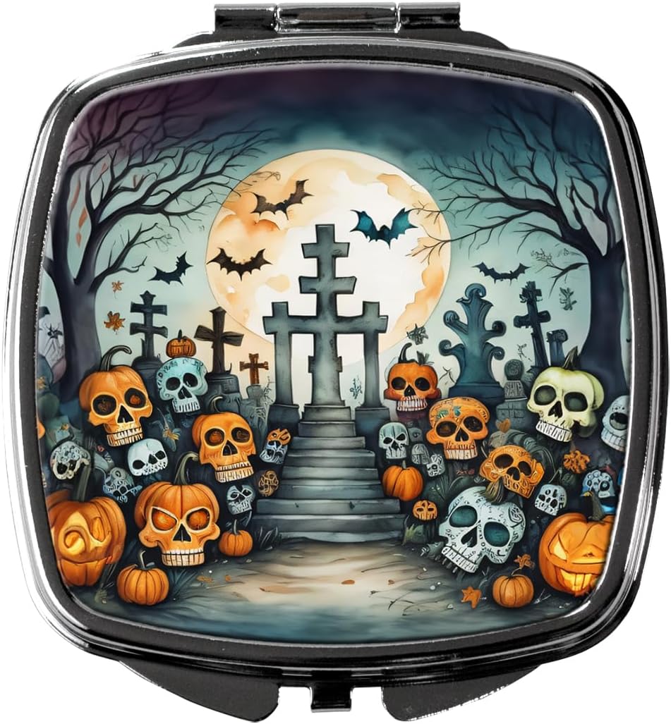 Caroline's Treasures Calaveras Sugar Skulls Spooky Halloween Compact Mirror Decorative Travel Makeup Mirror for Women Girls Gifts Pocket Makeup Mirror Folding Handheld