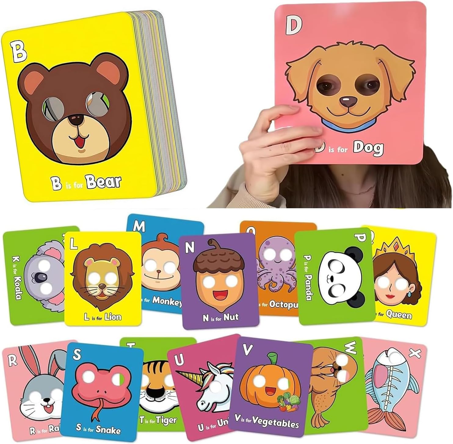 26pcs Alphabet Flash Cards, Colorful Alphabet Mask Cards,Alphabets Learning,Interactive Education Games