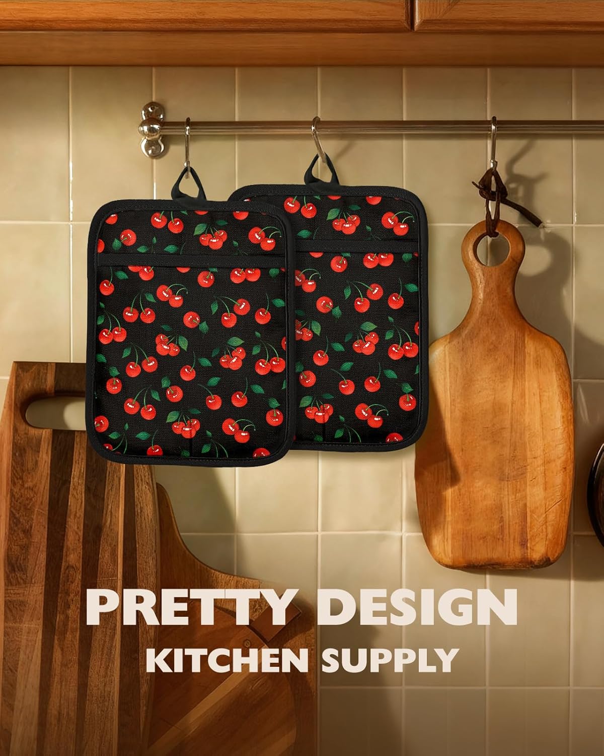 Slohif Silcone Cherry Pot Holders for Kitchen - 100% Cotton Black Cute Oven Potholders with Pockets, Heat Resistant Square Thick Hot Pads, House New Home Baking Baker Gifts,2pack - Image 5